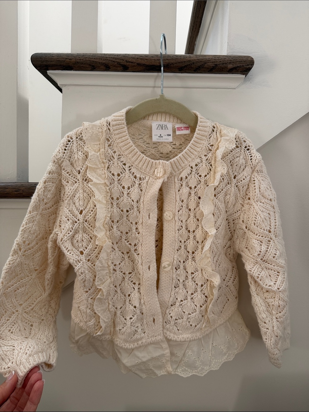 ZARA Cream Knit Cardigan with Eyelet Hem and Ruffle Detail